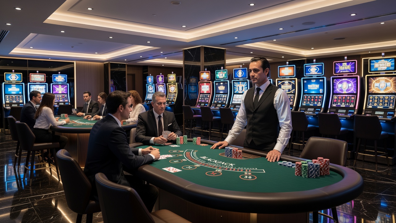 Moderne Casino-Tische mit Karten und Chips während einer laufenden Spielrunde
