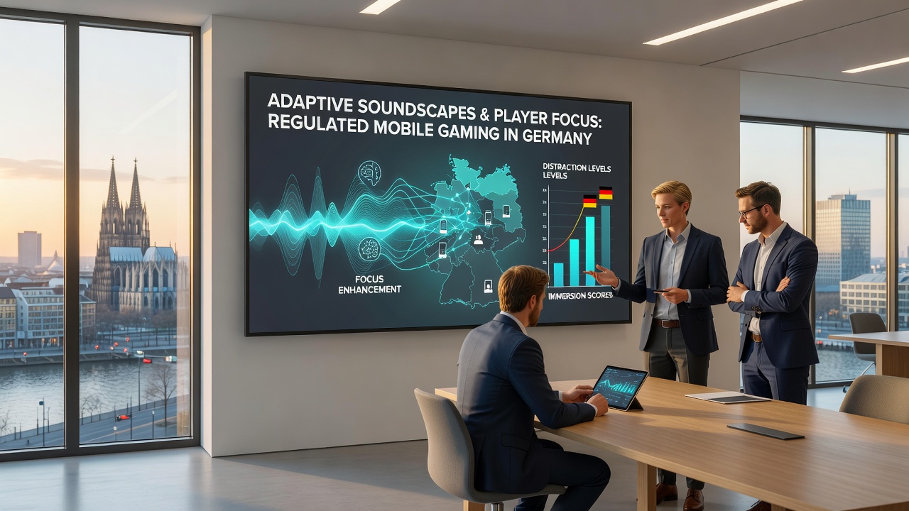 Mobile Geräte zeigen adaptive Soundscapes während regulierter Gaming-Sessions mit Fokus auf Konzentrationsunterstützung