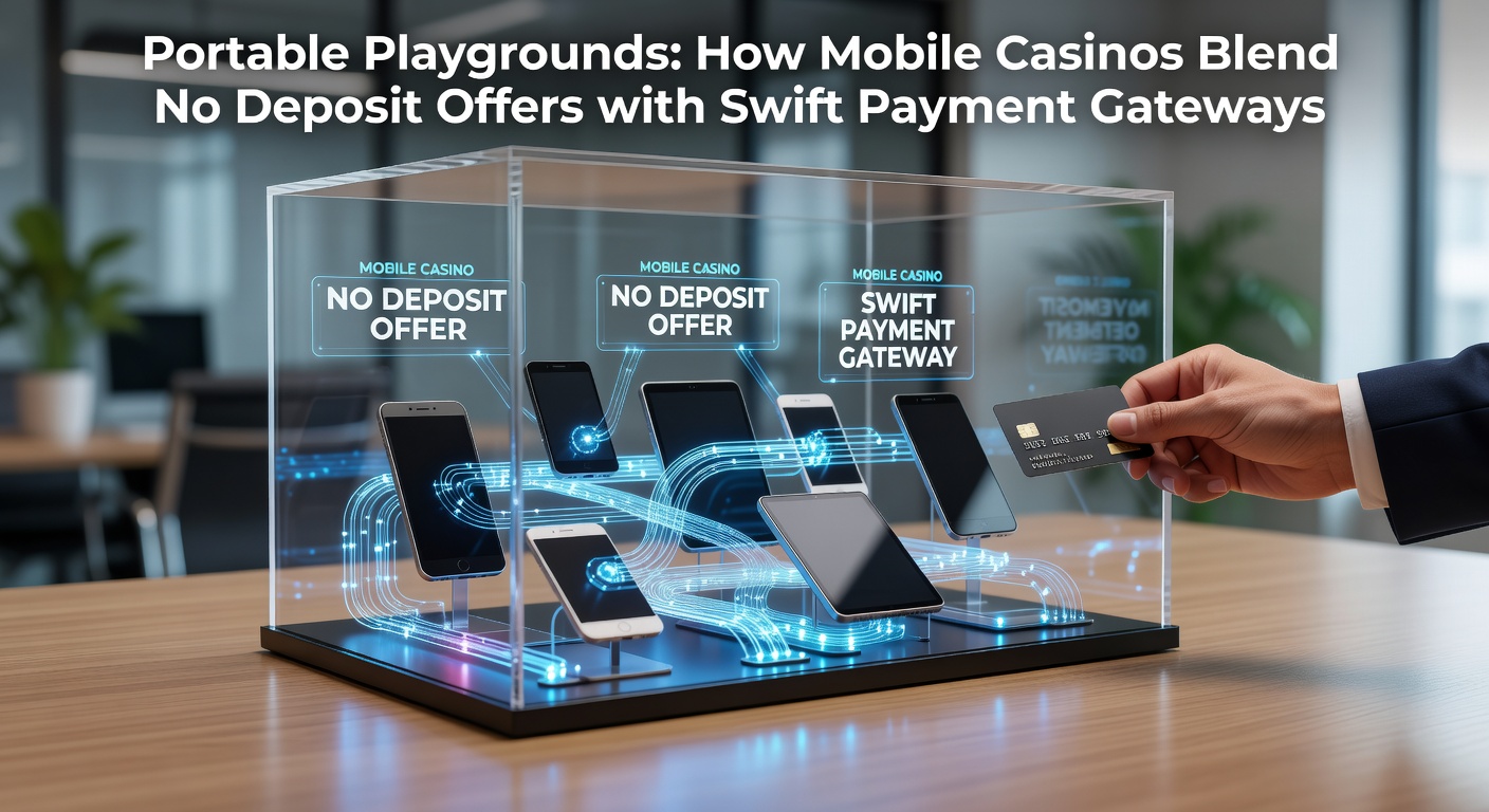 Smartphone mit Casino-App und No-Deposit-Bonus-Symbolen auf einem portablen Spielplatz-Hintergrund