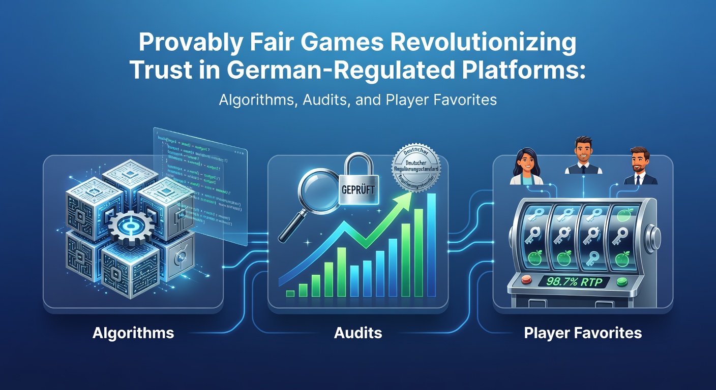 Grafik eines Provably-Fair-Algorithmus mit Blockchain-Elementen und Transparenzsymbolen auf einem deutschen Casino-Hintergrund