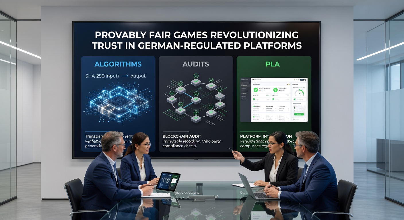 Darstellung eines Audit-Prozesses mit Zertifikats-Symbolen, Blockchain-Verifizierung und deutschen Regulierungsikonen
