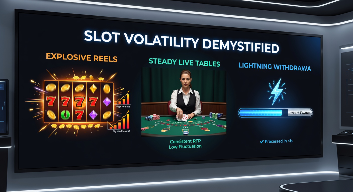 Szene eines Live-Casino-Tisches mit Dealer und Spielern, neben einem Slot mit hohen Volatilitäts-Symbolen und Auszahlungs-Icons